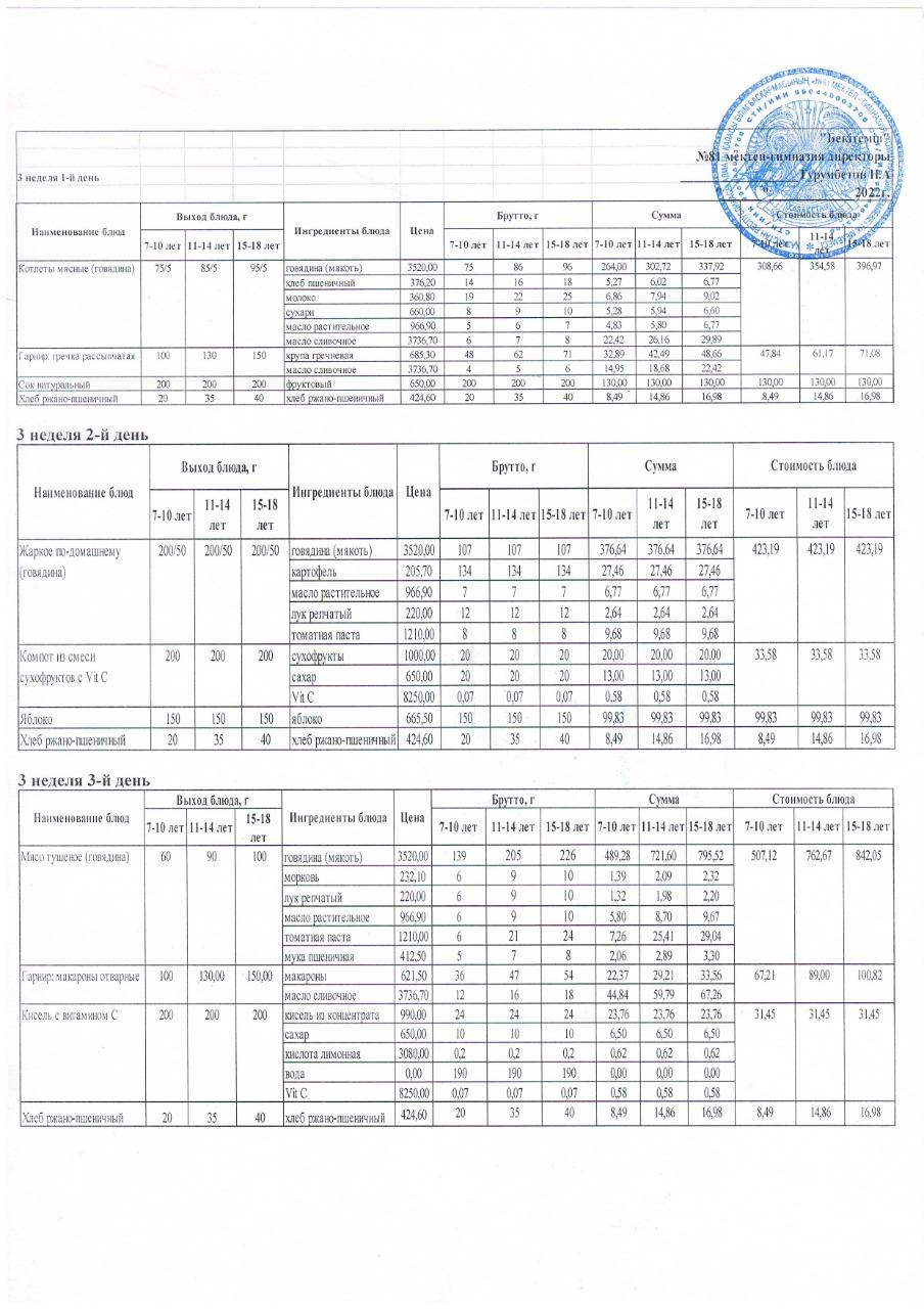 Ас мәзірі. 3-апта. 2022-2023 оқу жылы