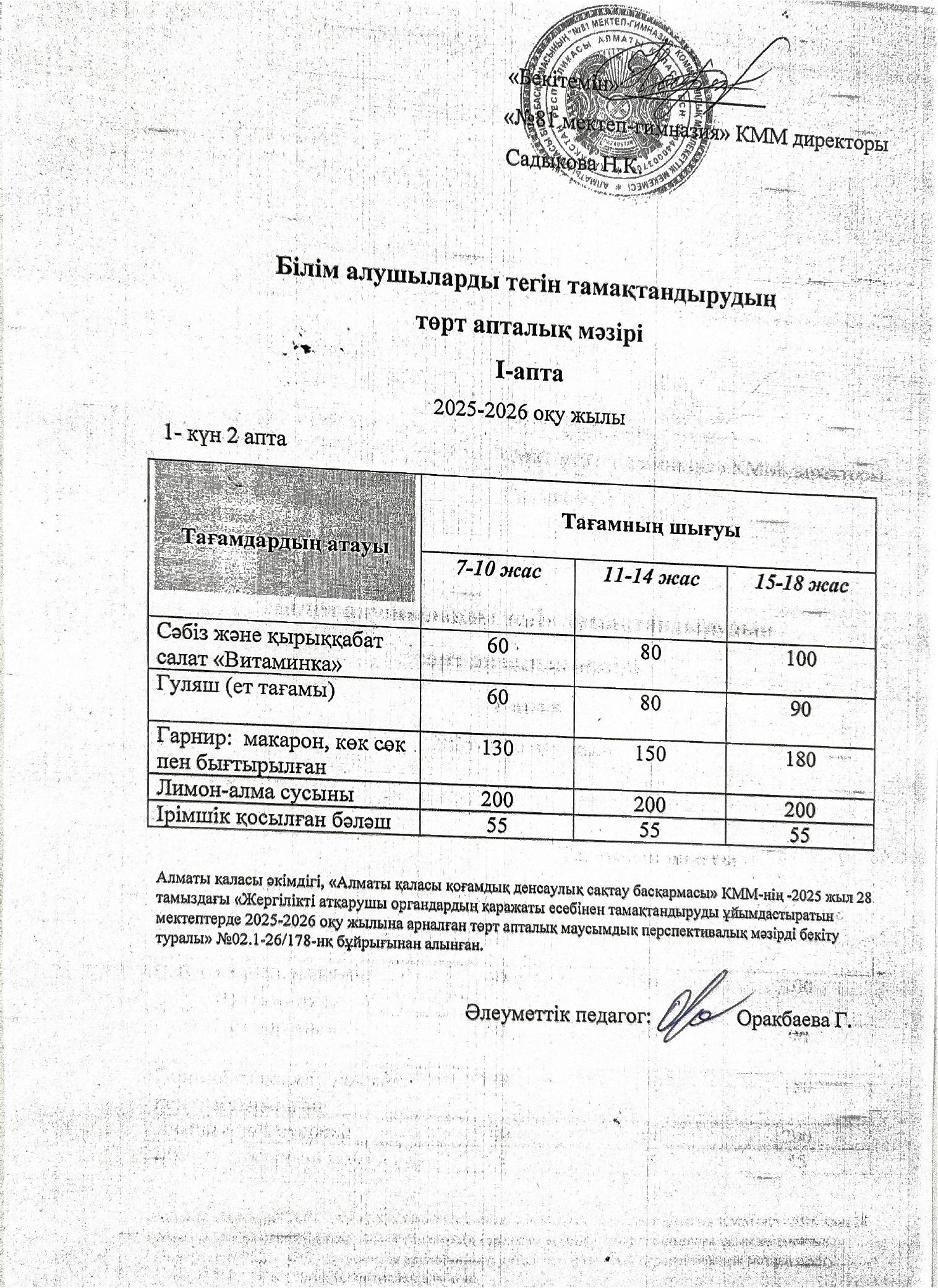 Бекітілген Ас мәзірі. Жаз-күз. 2-апта. 2025-2026 оқу жылы