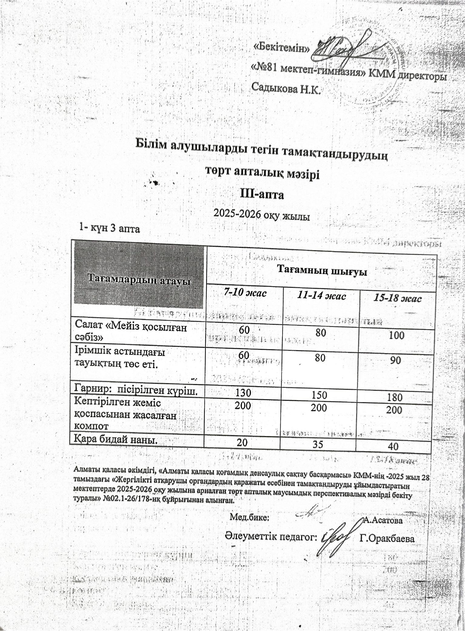 Бекітілген Ас мәзірі. Жаз-күз. 3-апта. 2025-2026 оқу жылы
